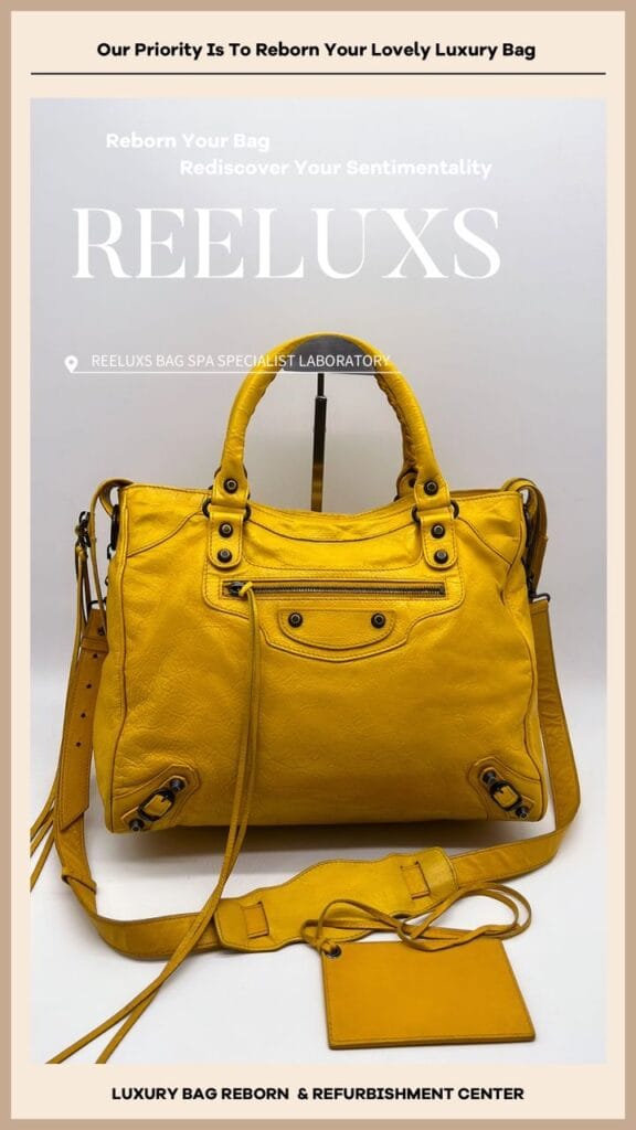 YELLOW LAMBSKIN LEATHER CLASSIC CITY BAG Corner Damaged & Color Faded Restoration — frame 2