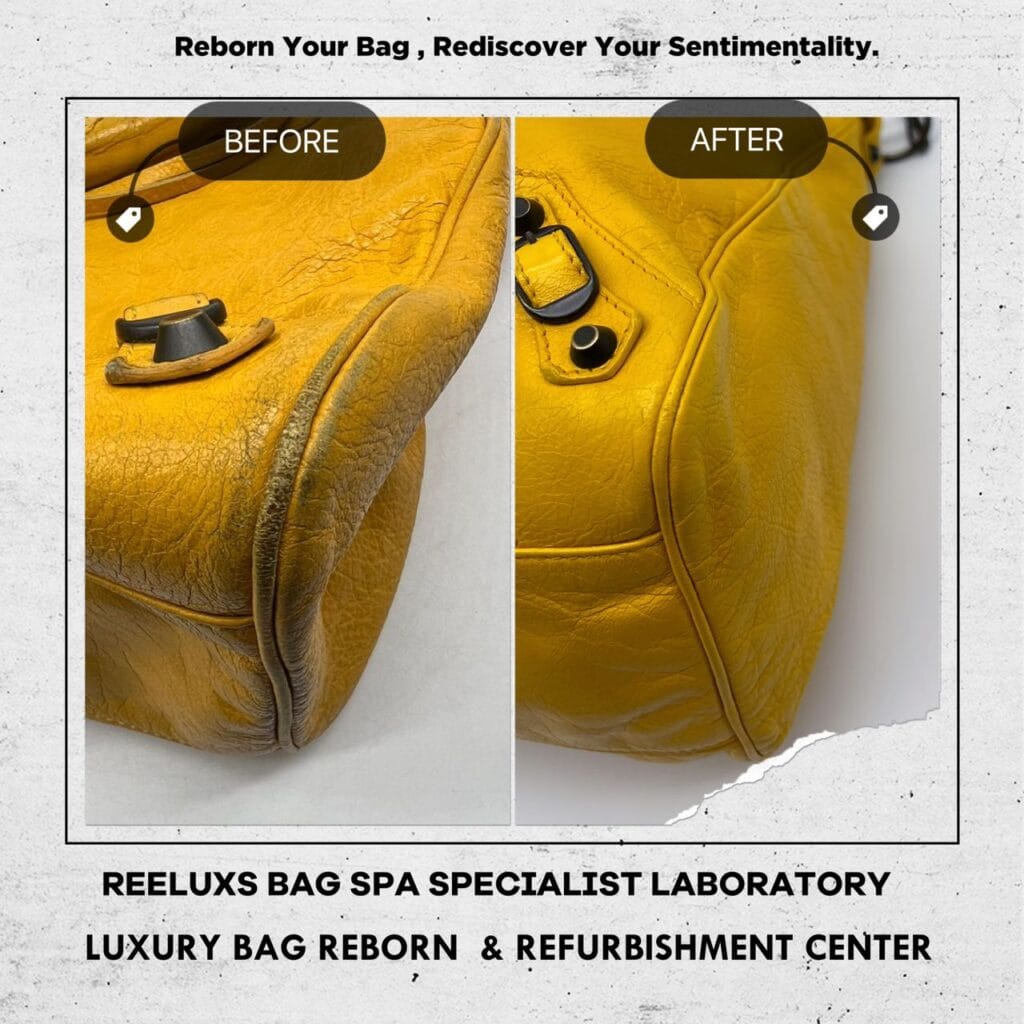 YELLOW LAMBSKIN LEATHER CLASSIC CITY BAG Corner Damaged & Color Faded Restoration — frame 3