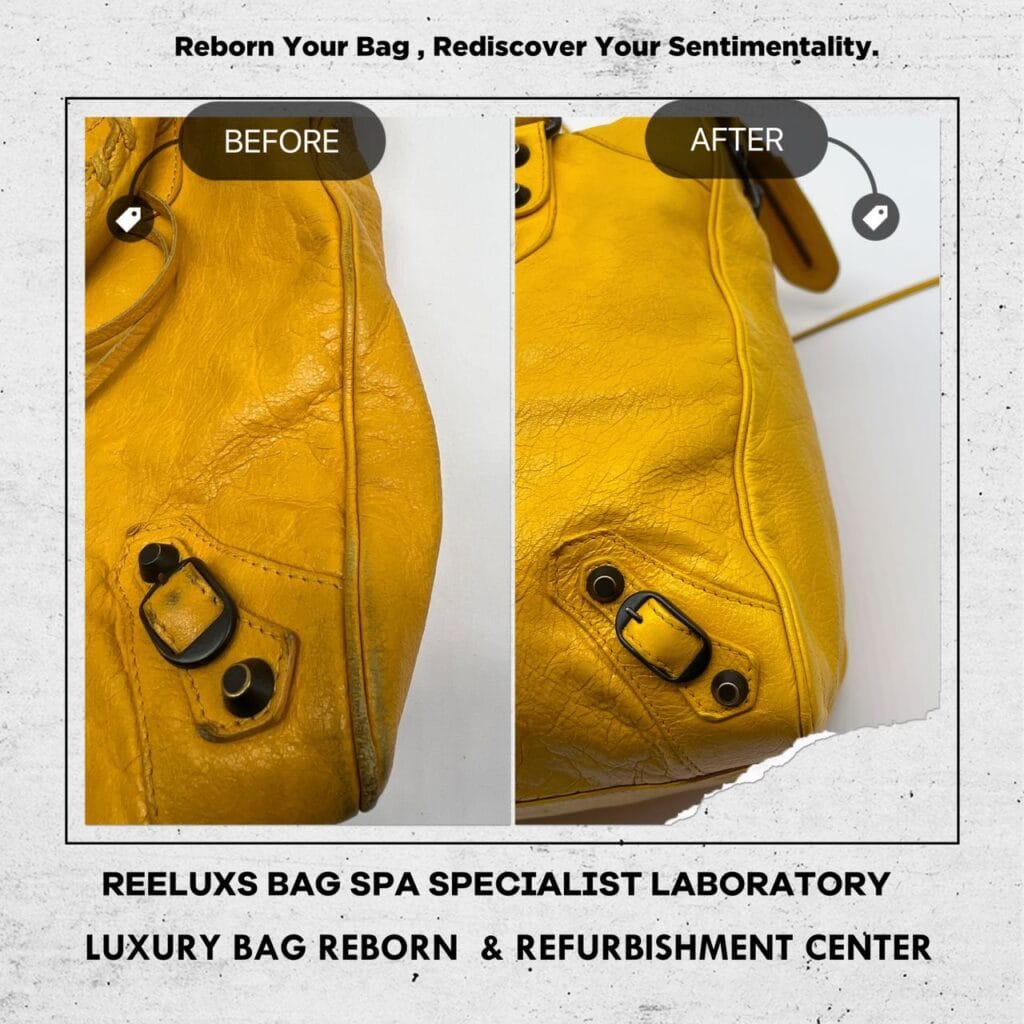 YELLOW LAMBSKIN LEATHER CLASSIC CITY BAG Corner Damaged & Color Faded Restoration — frame 4