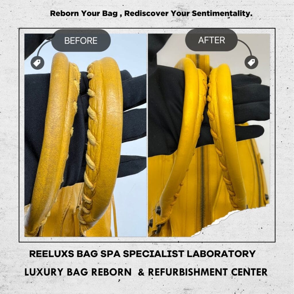 YELLOW LAMBSKIN LEATHER CLASSIC CITY BAG Corner Damaged & Color Faded Restoration — frame 5