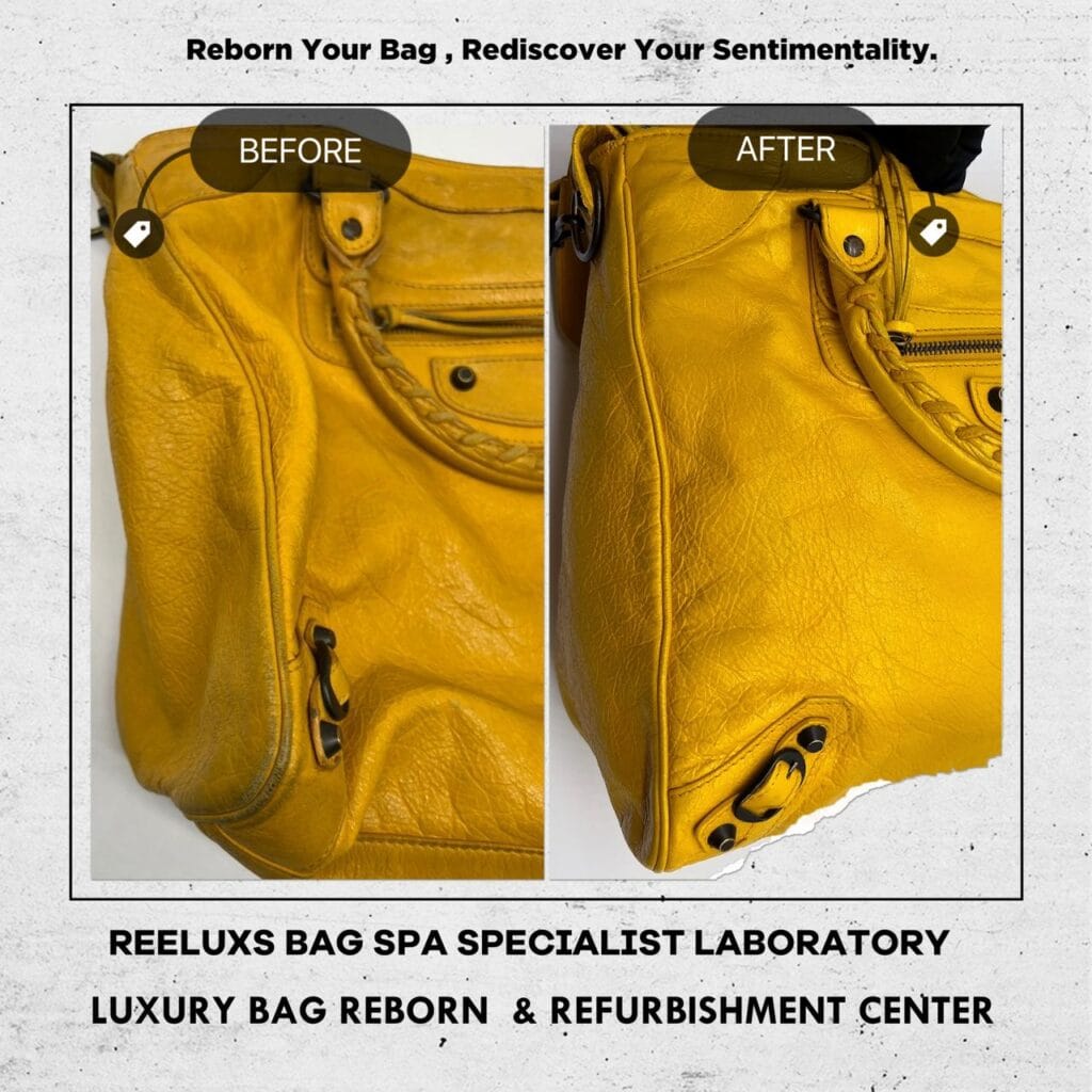YELLOW LAMBSKIN LEATHER CLASSIC CITY BAG Corner Damaged & Color Faded Restoration — frame 6