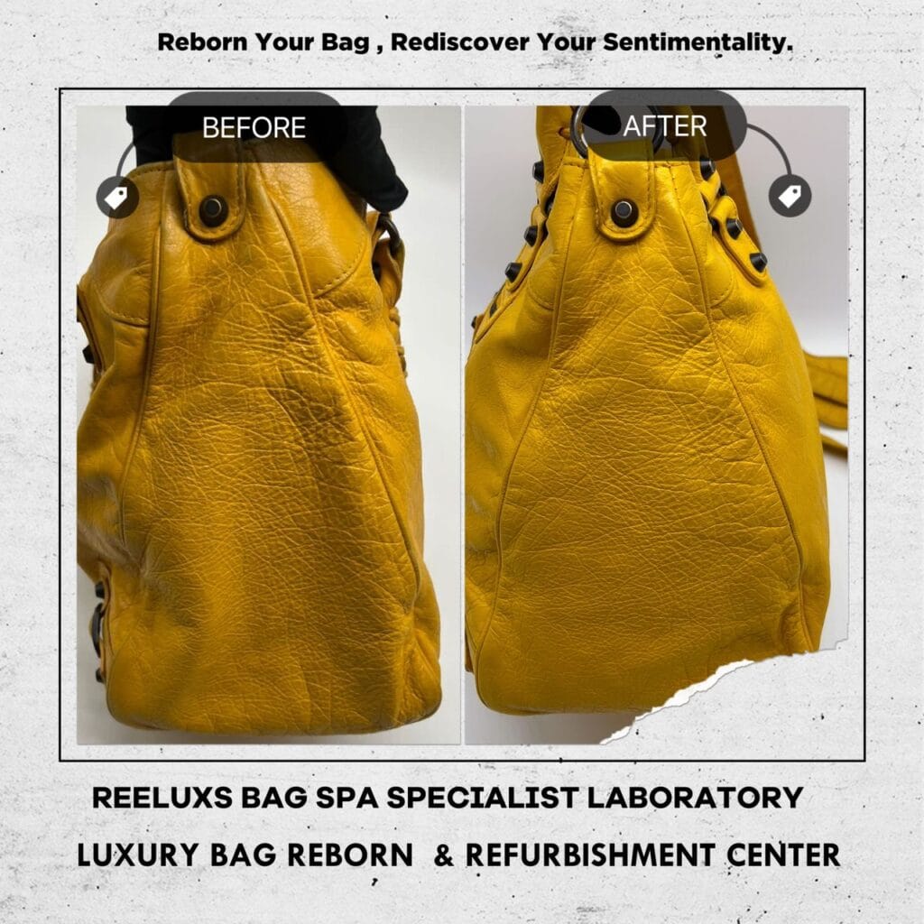 YELLOW LAMBSKIN LEATHER CLASSIC CITY BAG Corner Damaged & Color Faded Restoration — frame 7