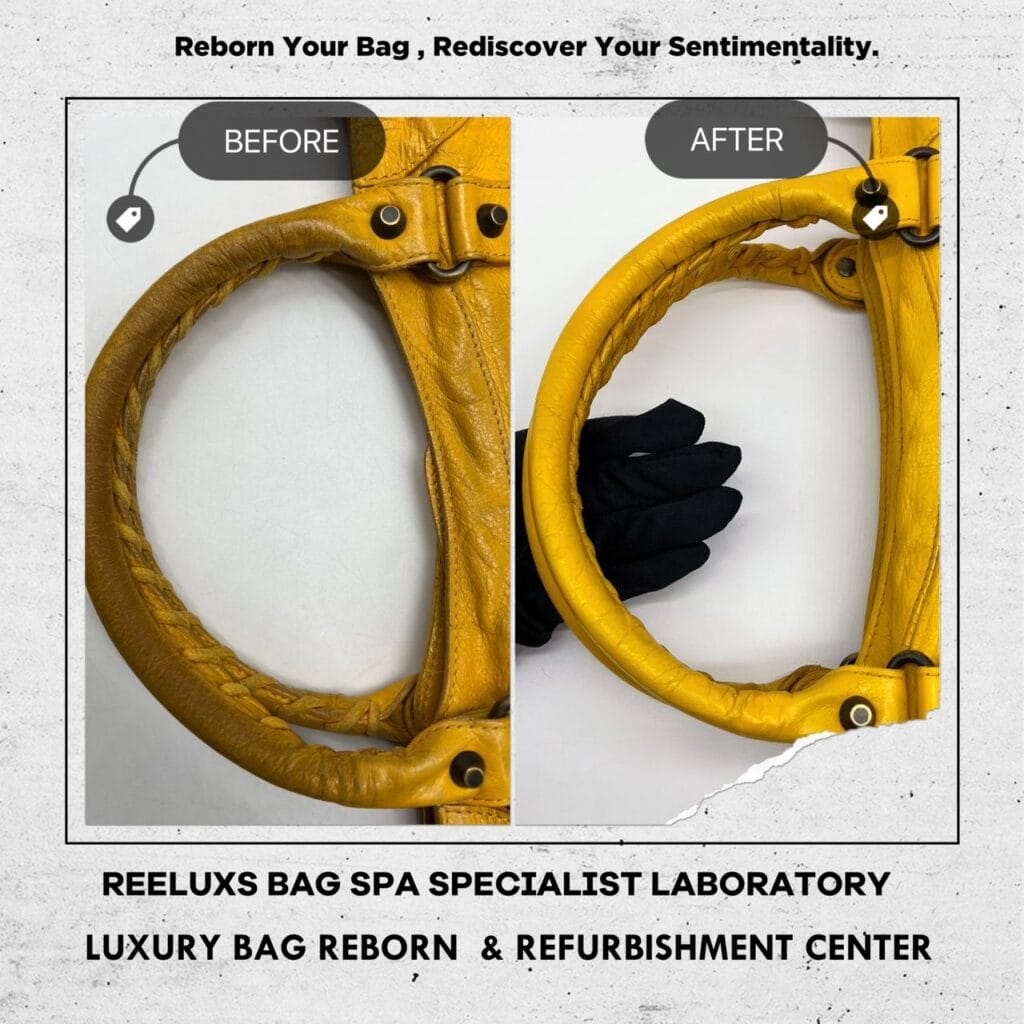 YELLOW LAMBSKIN LEATHER CLASSIC CITY BAG Corner Damaged & Color Faded Restoration — frame 8