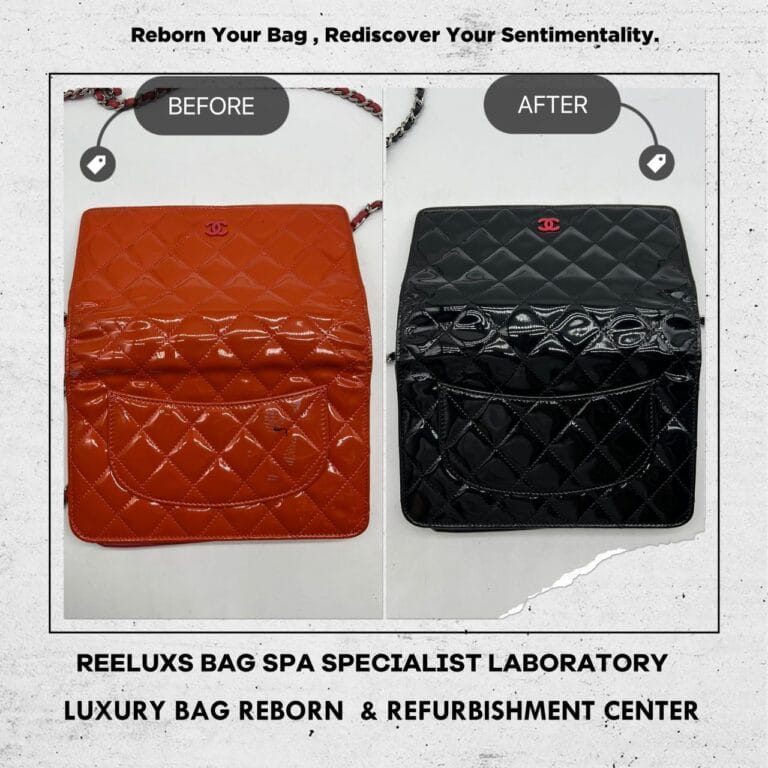Chanel ORANGE PATENT QUILTED LEATHER WOC WALLET ON CHAIN BAG Color Oxidation Patent Leather Restoration Change Color