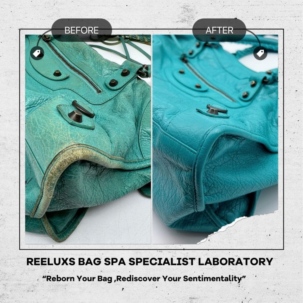Bleu Tropical Lambskin Leather Motorcycle City Bag Corner Damaged Color Faded Restoration — frame 1