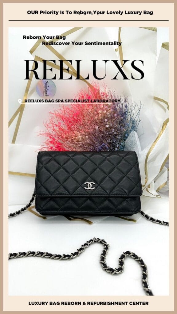 Black Quilted Leather Classic Wallet on Chain Entire Leather Crack & Damage… — frame 12