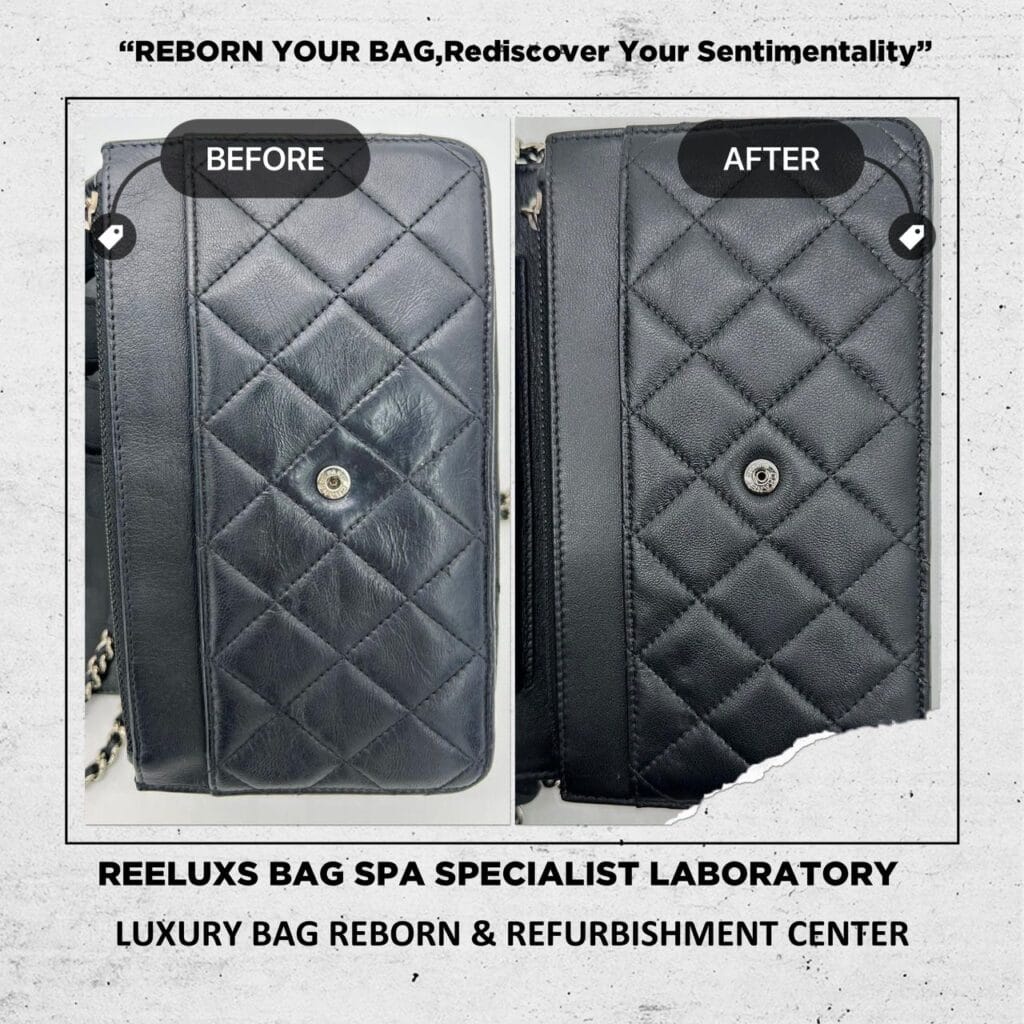 Black Quilted Leather Classic Wallet on Chain Entire Leather Crack & Damage… — frame 19