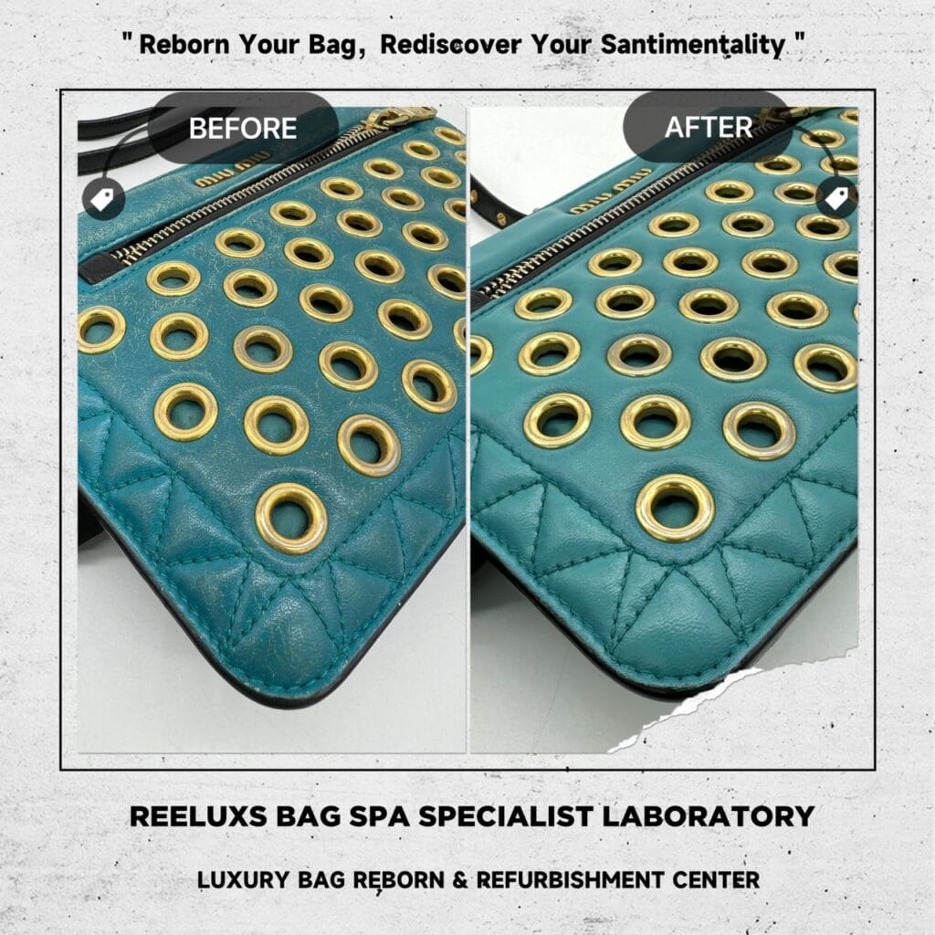MIU MIU Turquoise Leather Eyelet Crossbody Bag Corner Faded Color Damaged Restoration1