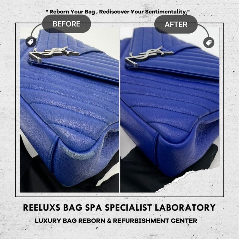 YSL Saint Laurent Monogram Blue Medium Punk Chain Leather Shoulder Bag Corner Damaged Color Faded Restoration