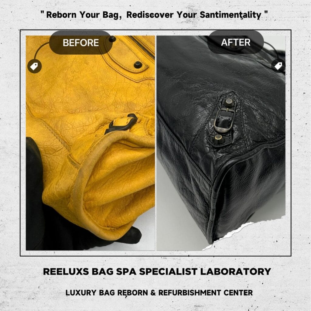 Classic City Aged Calfskin Yellow Color Leather Bag Corner Faded Color Damaged Changed To Black Color Refurbishment — frame 2
