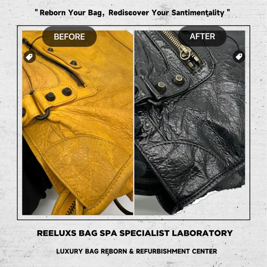Classic City Aged Calfskin Yellow Color Leather Bag Corner Faded Color Damaged Changed To Black Color Refurbishment — frame 3