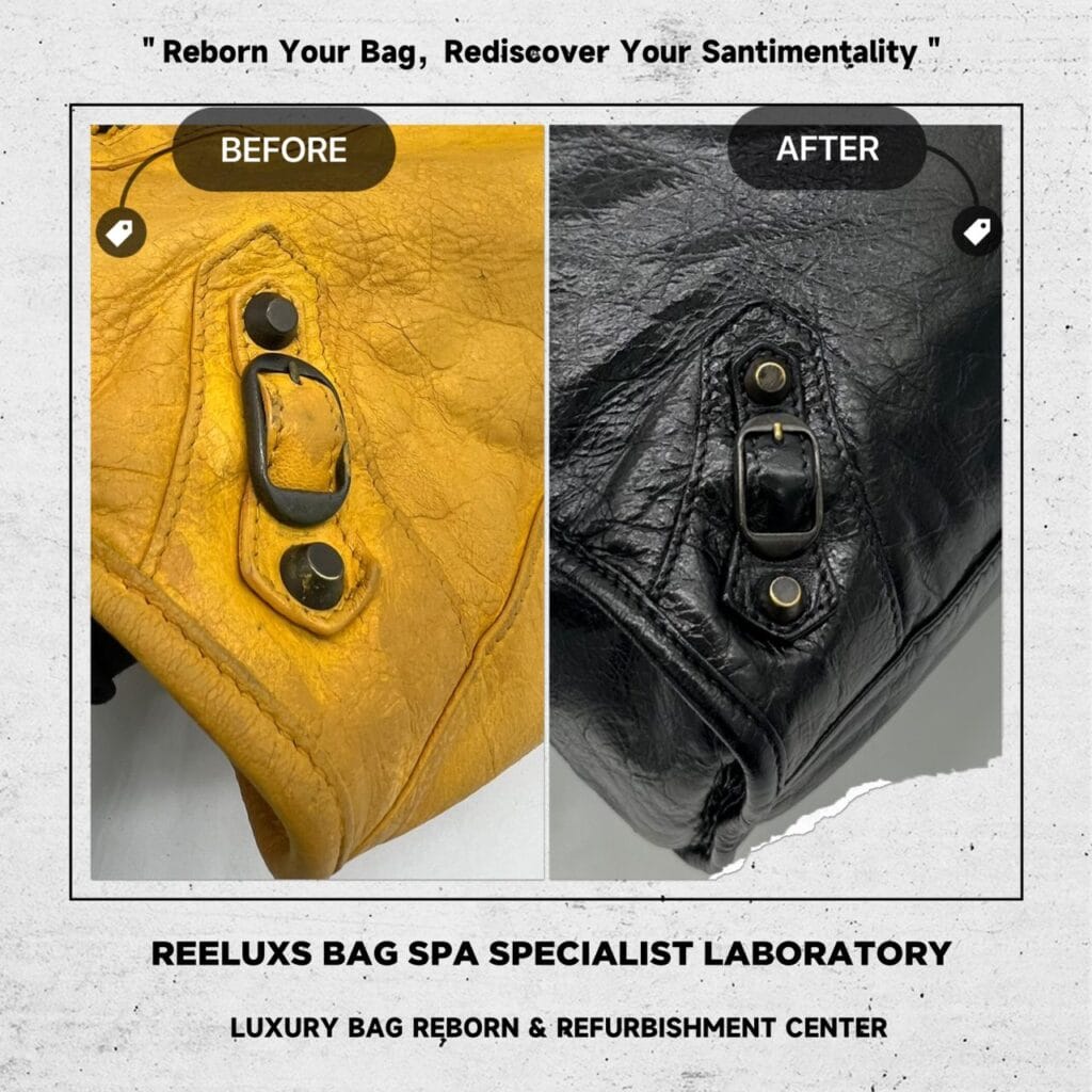 Classic City Aged Calfskin Yellow Color Leather Bag Corner Faded Color Damaged Changed To Black Color Refurbishment — frame 4