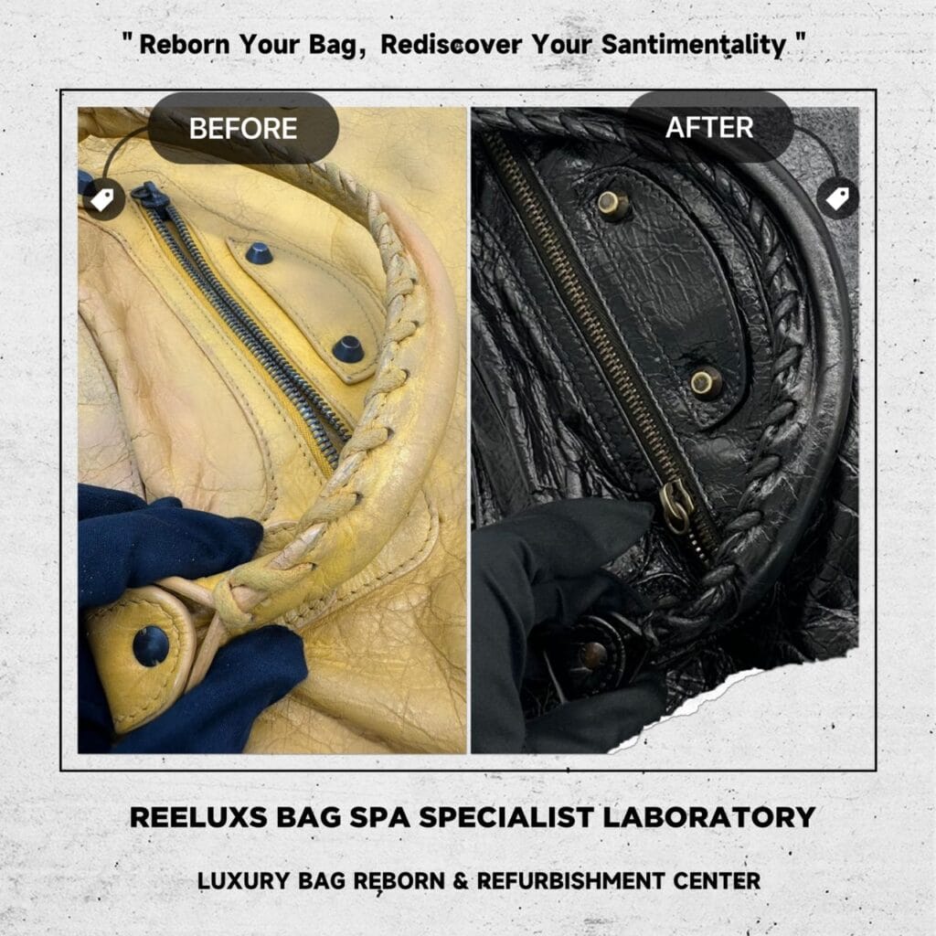 Classic City Aged Calfskin Yellow Color Leather Bag Corner Faded Color Damaged Changed To Black Color Refurbishment — frame 9