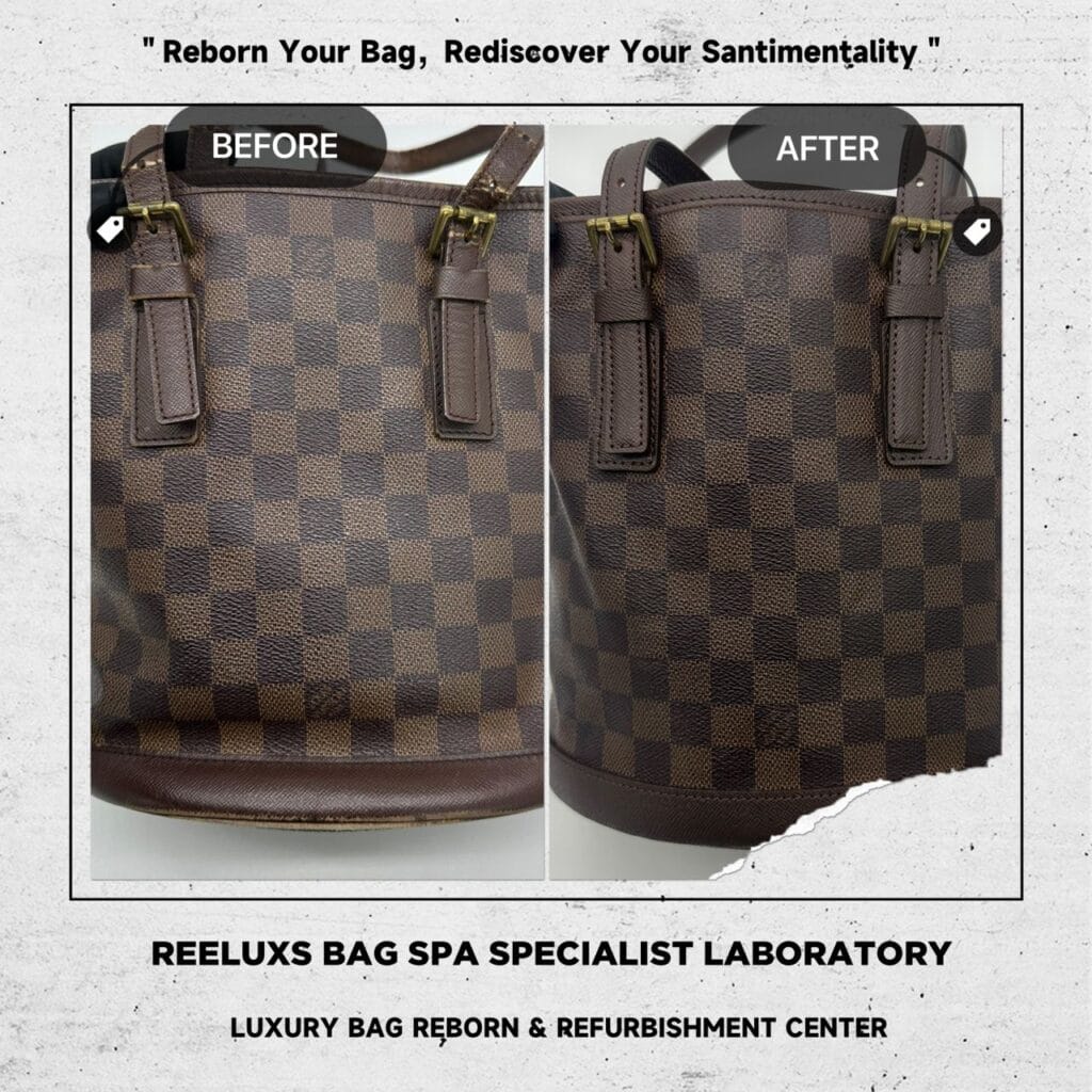 Damier Ebene Bucket PM Interior Inner Faded Leather Hook Tarnished Entire Vachetta Cracked & Broken Replacement — frame 2