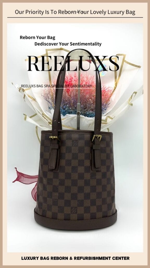 Damier Ebene Bucket PM Interior Inner Faded Leather Hook Tarnished Entire Vachetta Cracked & Broken Replacement — frame 11