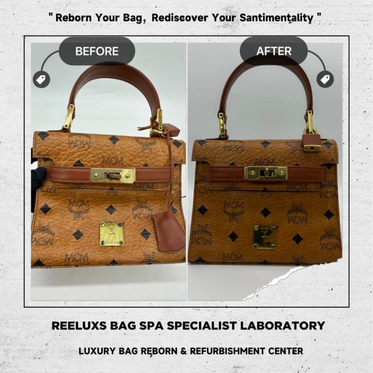 MCM Brown Mini Kelly Visetos Satchel Leather Handbag Corner Damaged Leather Color Peel Off Partially Color Restoration