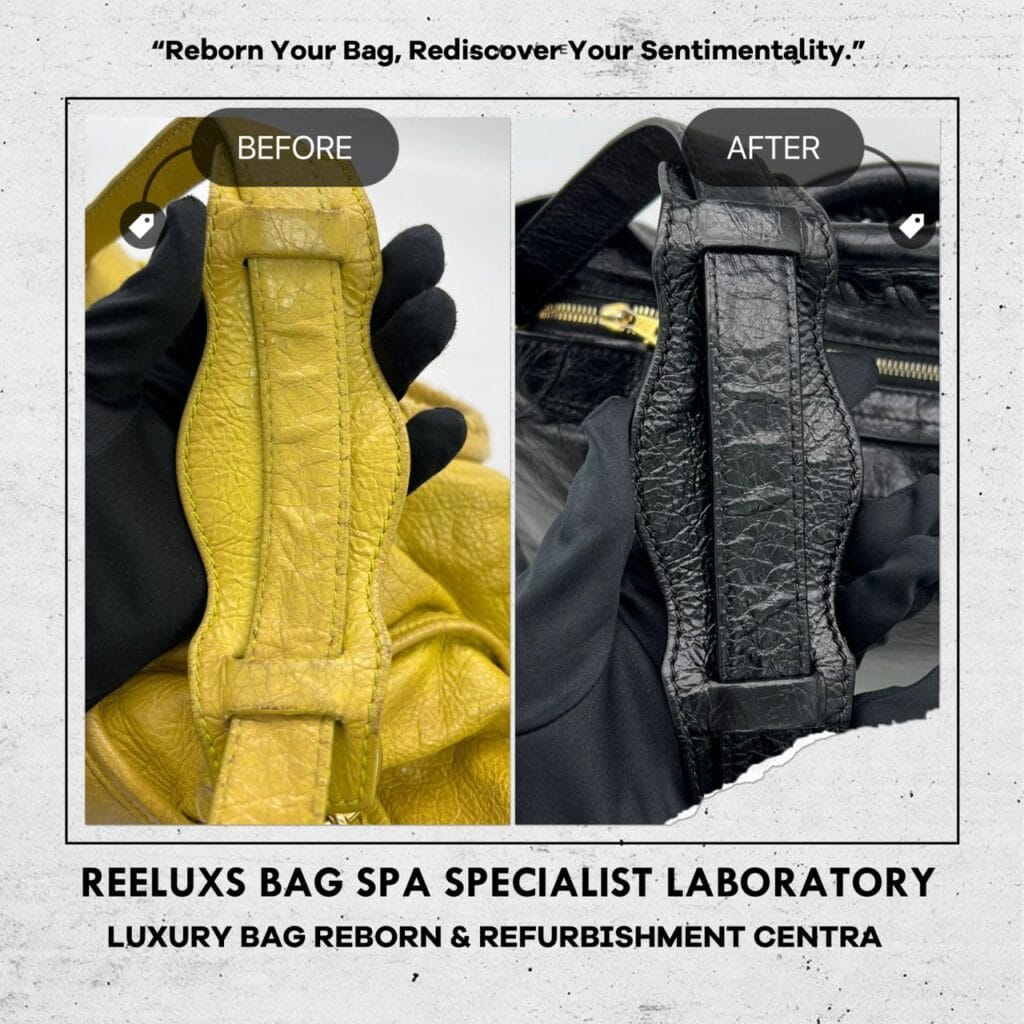 Classic City Yellow Color HandBag Color Faded Corner Damaged Hand Rope String Faded Entire Oil Edge Cracked & Damaged & Changed To Black Color Refurbishment — frame 10