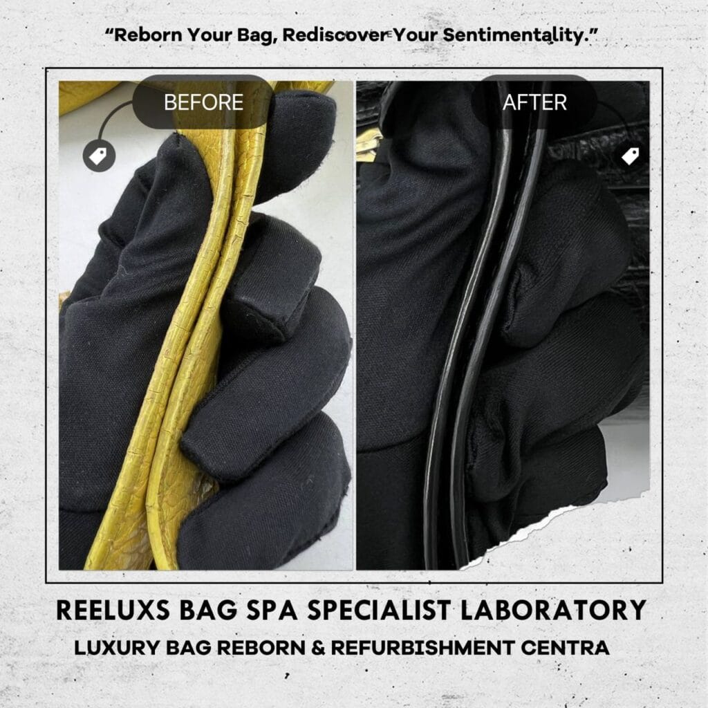 Classic City Yellow Color HandBag Color Faded Corner Damaged Hand Rope String Faded Entire Oil Edge Cracked & Damaged & Changed To Black Color Refurbishment — frame 11