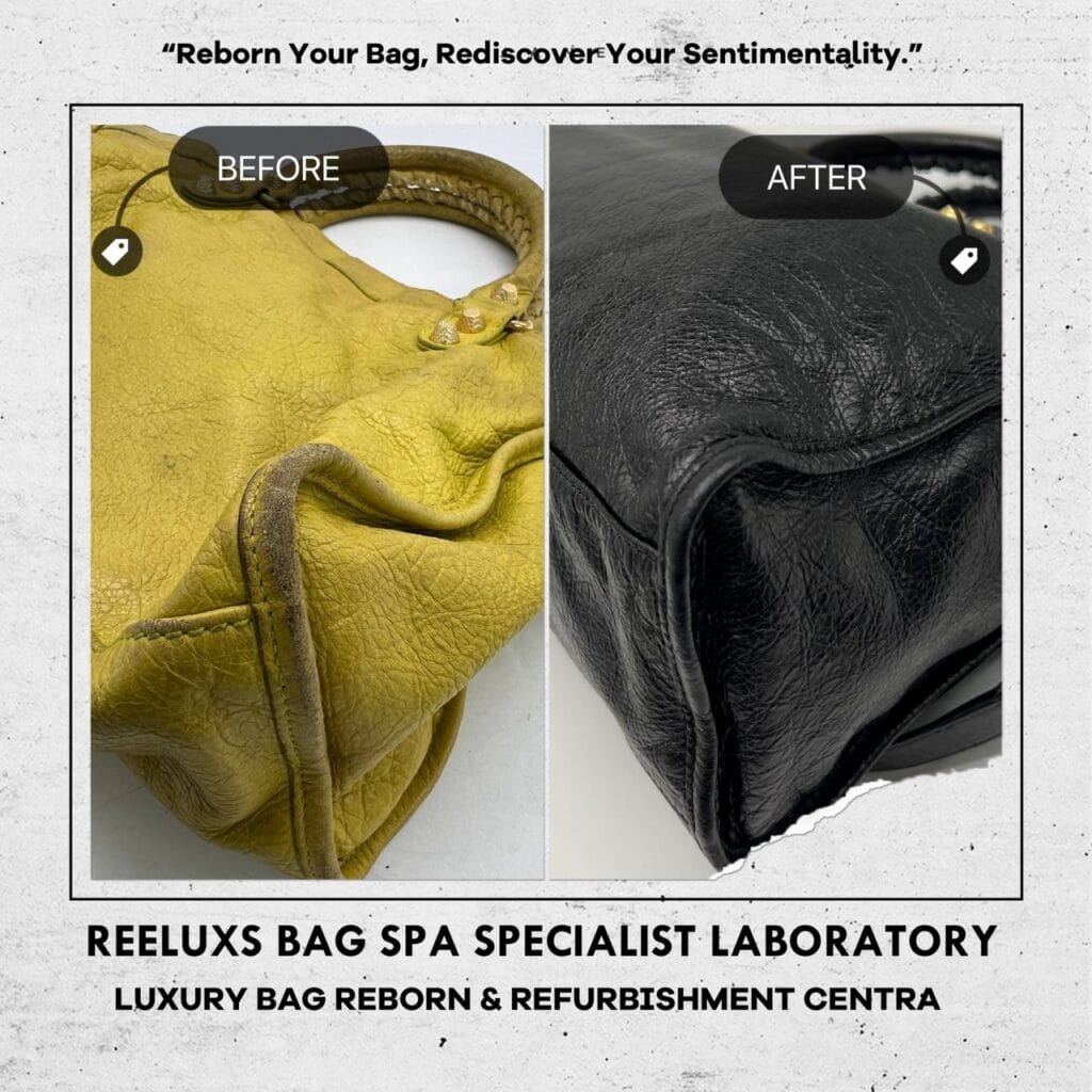 Classic City Yellow Color HandBag Color Faded Corner Damaged Hand Rope String Faded Entire Oil Edge Cracked & Damaged & Changed To Black Color Refurbishment — frame 2