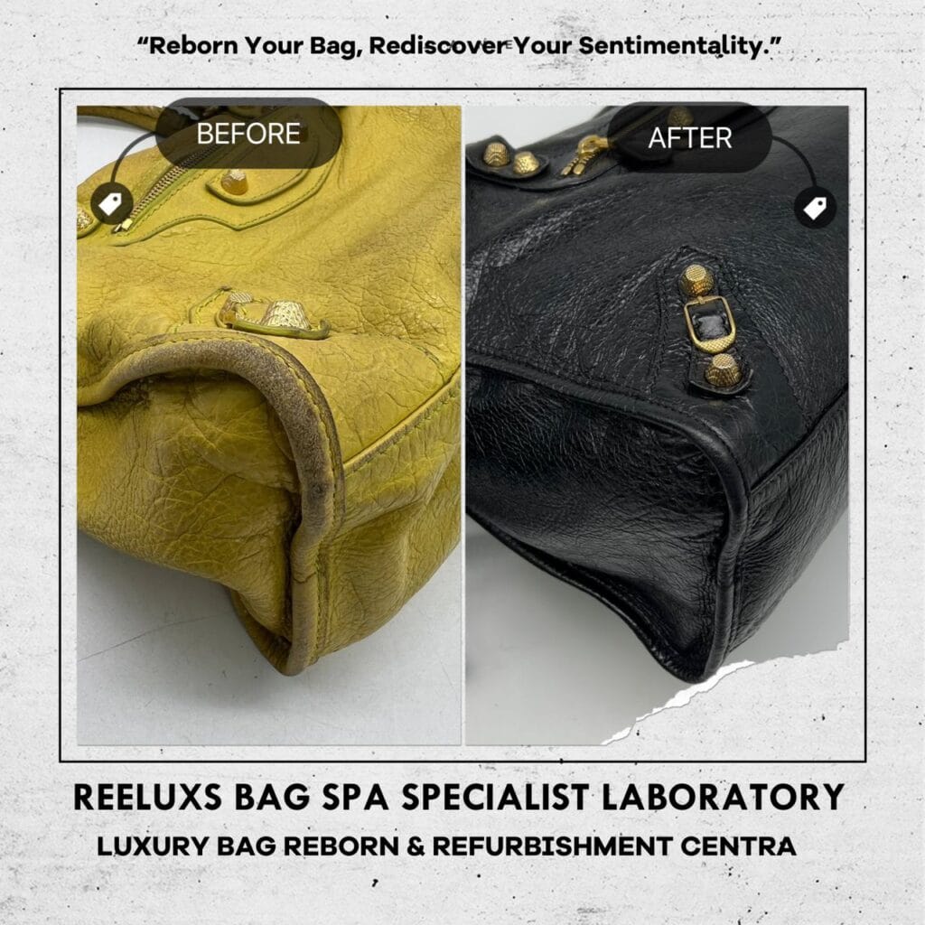 Classic City Yellow Color HandBag Color Faded Corner Damaged Hand Rope String Faded Entire Oil Edge Cracked & Damaged & Changed To Black Color Refurbishment — frame 3