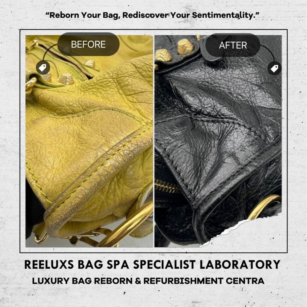 Classic City Yellow Color HandBag Color Faded Corner Damaged Hand Rope String Faded Entire Oil Edge Cracked & Damaged & Changed To Black Color Refurbishment — frame 4