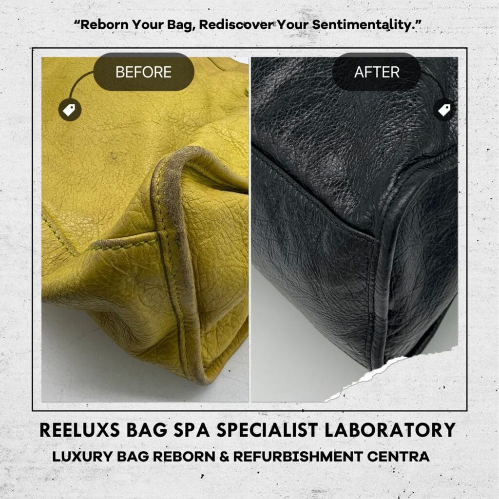 Classic City Yellow Color HandBag Color Faded Corner Damaged Hand Rope String Faded Entire Oil Edge Cracked & Damaged & Changed To Black Color Refurbishment — frame 5