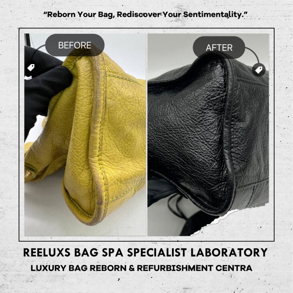Classic City Yellow Color HandBag Color Faded Corner Damaged Hand Rope String Faded Entire Oil Edge Cracked & Damaged & Changed To Black Color Refurbishment — frame 6