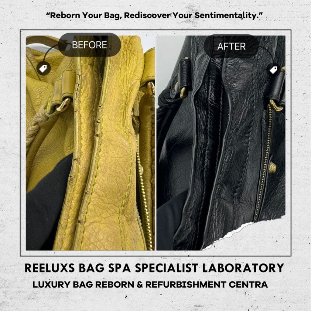 Classic City Yellow Color HandBag Color Faded Corner Damaged Hand Rope String Faded Entire Oil Edge Cracked & Damaged & Changed To Black Color Refurbishment — frame 7
