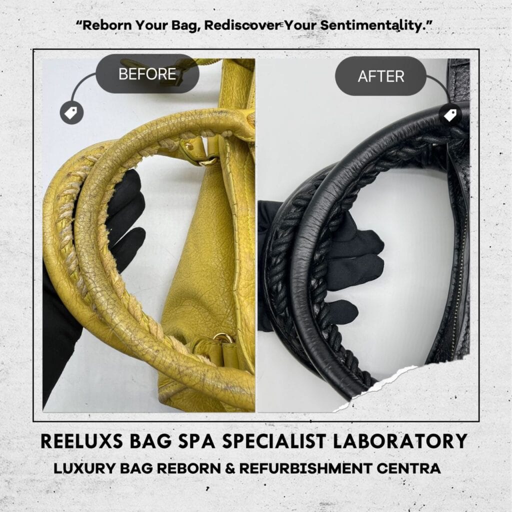 Classic City Yellow Color HandBag Color Faded Corner Damaged Hand Rope String Faded Entire Oil Edge Cracked & Damaged & Changed To Black Color Refurbishment — frame 9