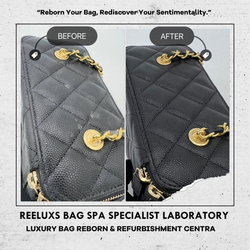 Black Caviar Vanity Case with Enamel & Gold-Tone Metal Chain Color Faded… — frame 1