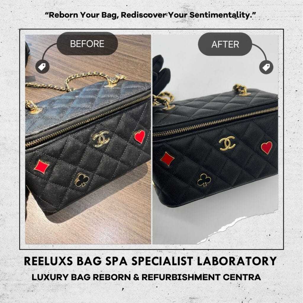 Black Caviar Vanity Case with Enamel & Gold-Tone Metal Chain Color Faded… — frame 5