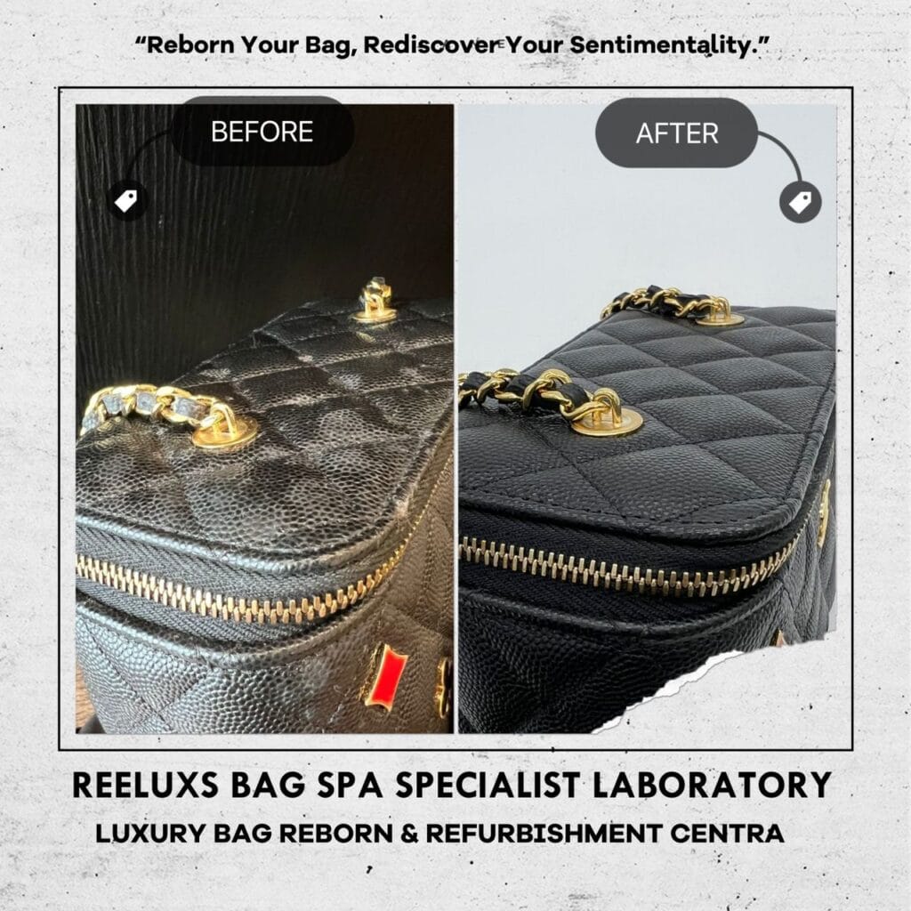 Black Caviar Vanity Case with Enamel & Gold-Tone Metal Chain Color Faded… — frame 7