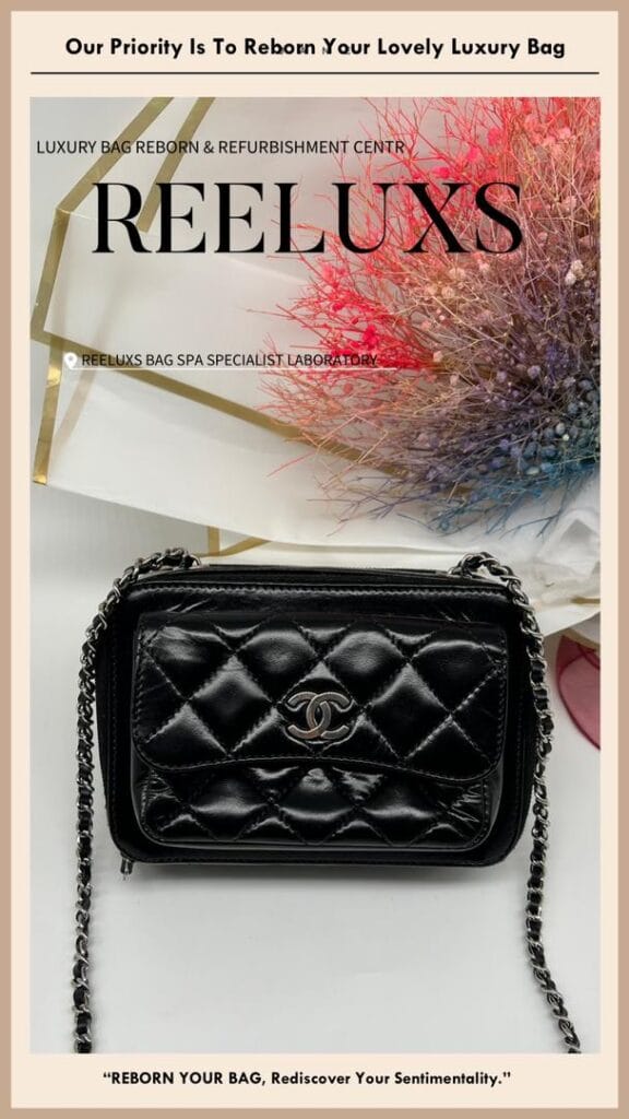 Mini Pocket Box Bag Quilted Patent Leather with Silver Hardware Patent Color Oxidation Changed To Black Color Refurbishment — frame 10