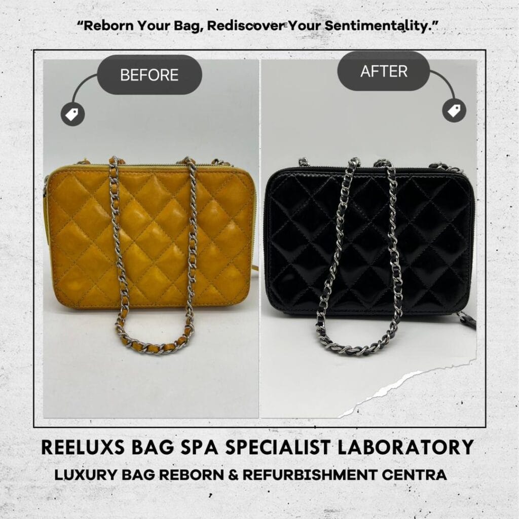 Mini Pocket Box Bag Quilted Patent Leather with Silver Hardware Patent Color Oxidation Changed To Black Color Refurbishment — frame 2