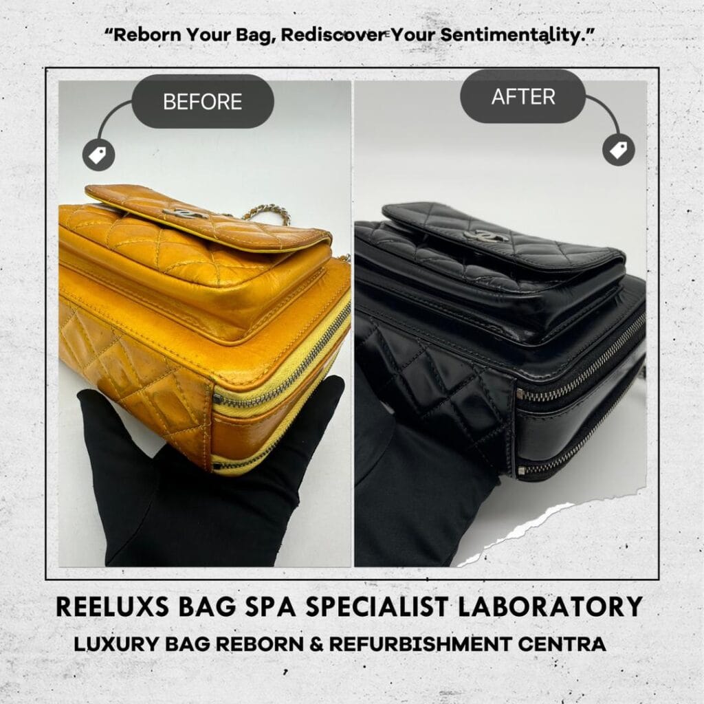 Mini Pocket Box Bag Quilted Patent Leather with Silver Hardware Patent Color Oxidation Changed To Black Color Refurbishment — frame 3