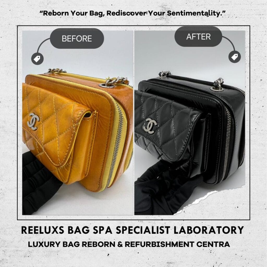 Mini Pocket Box Bag Quilted Patent Leather with Silver Hardware Patent Color Oxidation Changed To Black Color Refurbishment — frame 7