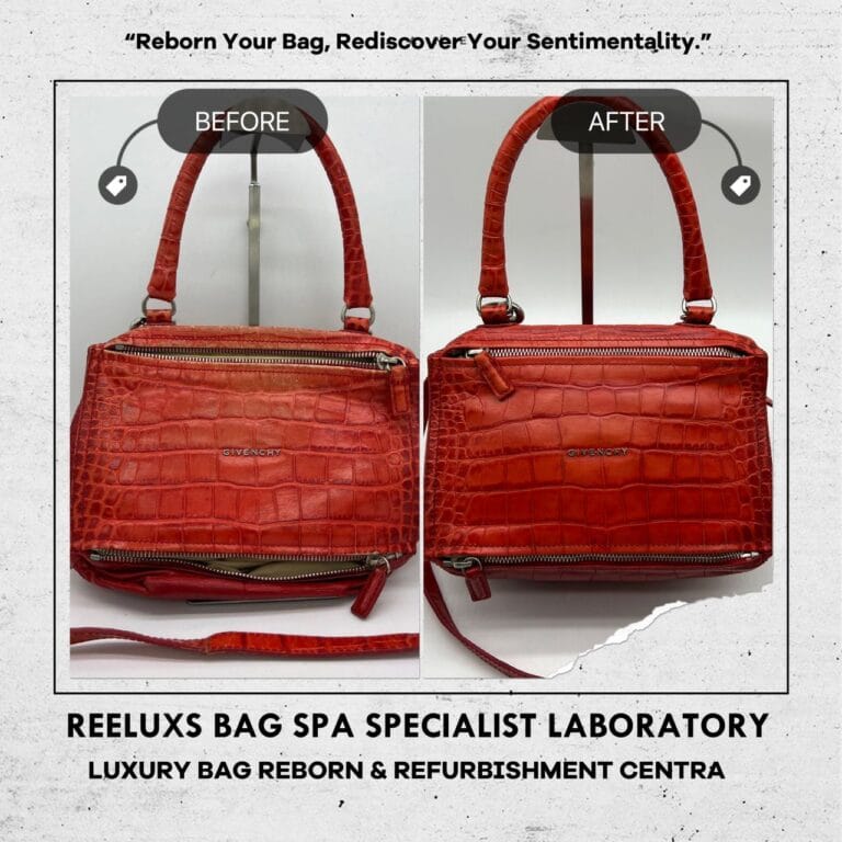 GIVENCHY Red Crocodile Leather Top Handle Bag Corner Faded Top Zip Leather Damaged Restoration