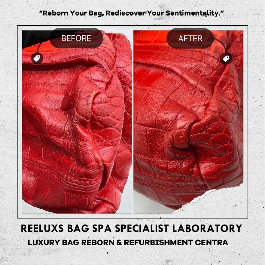 Red Crocodile Leather Top Handle Bag Corner Faded Top Zip Leather Damaged Restoration — frame 2