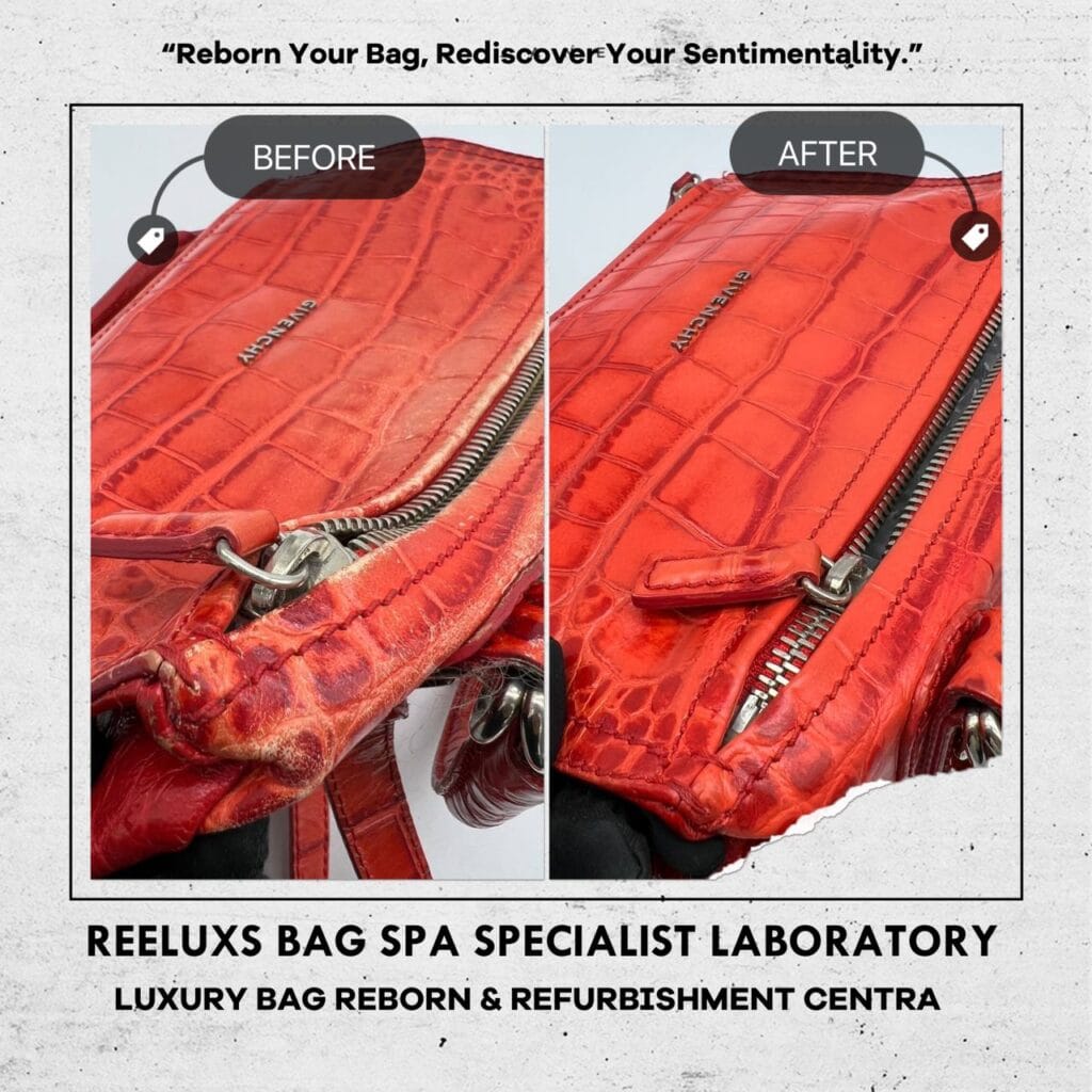 Red Crocodile Leather Top Handle Bag Corner Faded Top Zip Leather Damaged Restoration — frame 3