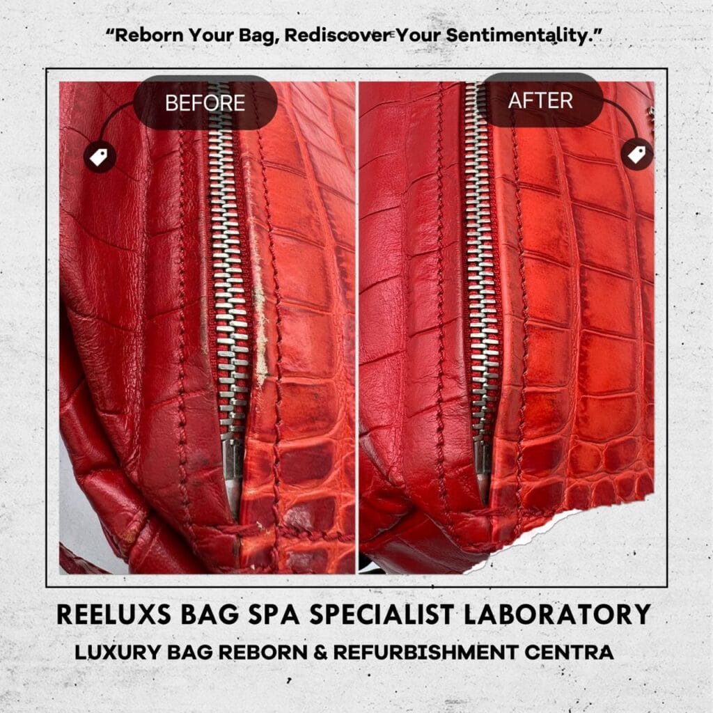 Red Crocodile Leather Top Handle Bag Corner Faded Top Zip Leather Damaged Restoration — frame 4