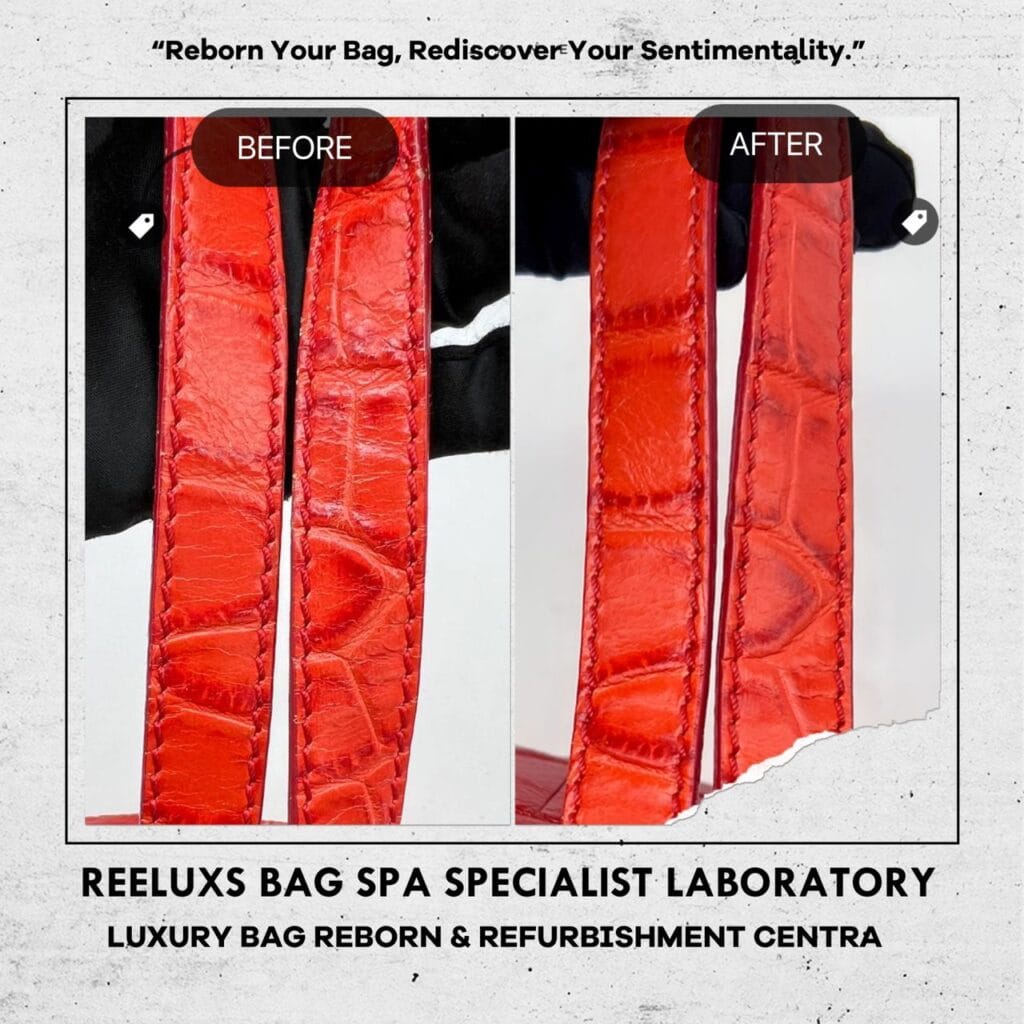 Red Crocodile Leather Top Handle Bag Corner Faded Top Zip Leather Damaged Restoration — frame 5