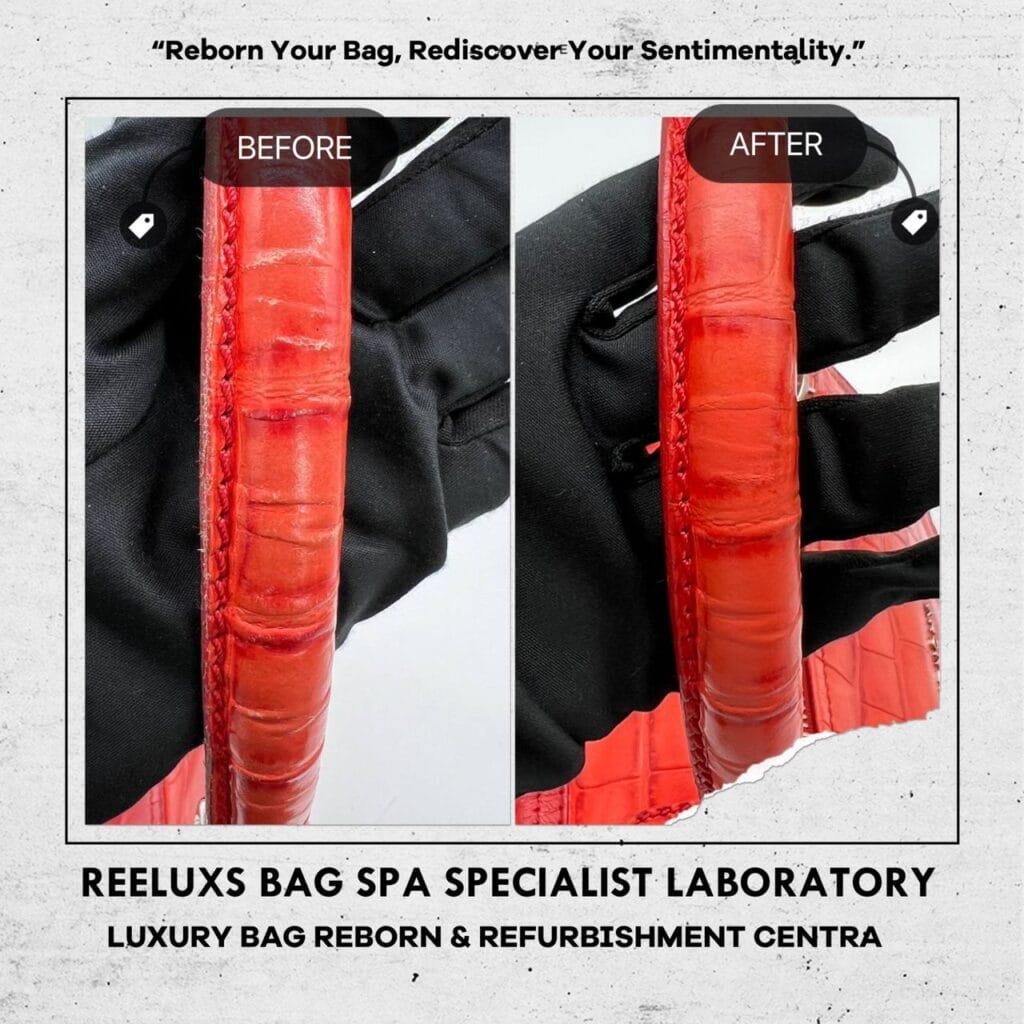 Red Crocodile Leather Top Handle Bag Corner Faded Top Zip Leather Damaged Restoration — frame 6