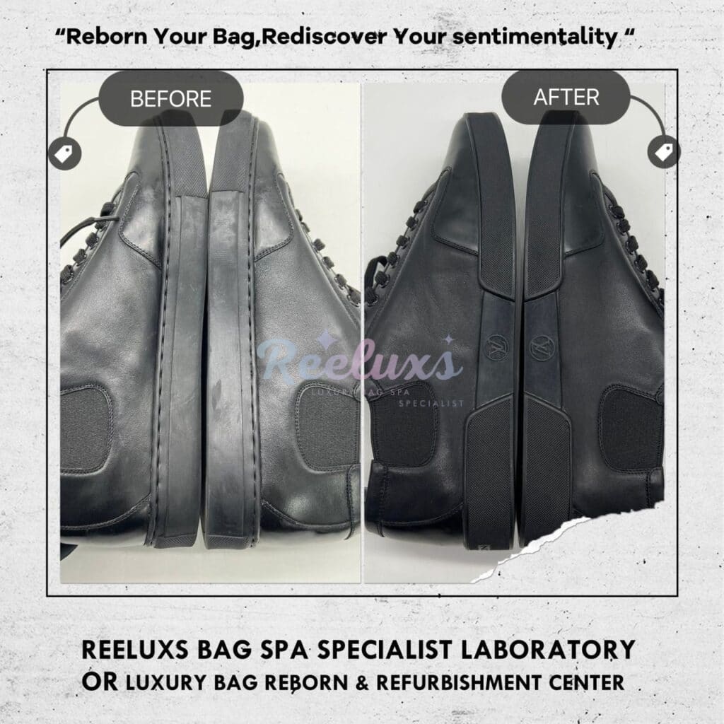 Sneakers Black Leather Sole Faded Leather Scratches Logo Damaged Convex Black — frame 3