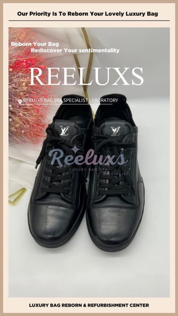 Sneakers Black Leather Sole Faded Leather Scratches Logo Damaged Convex Black — frame 5