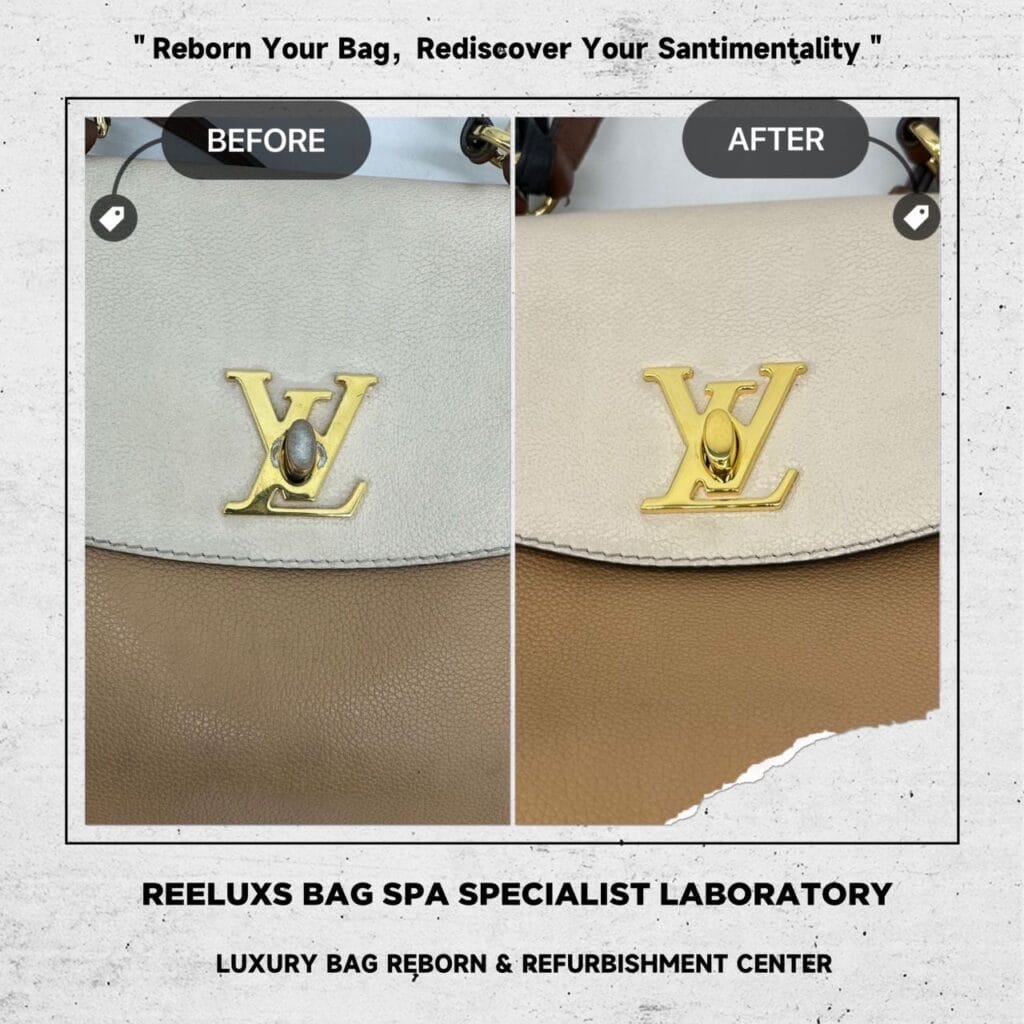 LOUIS VUITTTON Lockme Ever BB Bag Corner Damaged Logo Scratch & Tarnish Oxidation 24K Gold Re-plating — frame 1