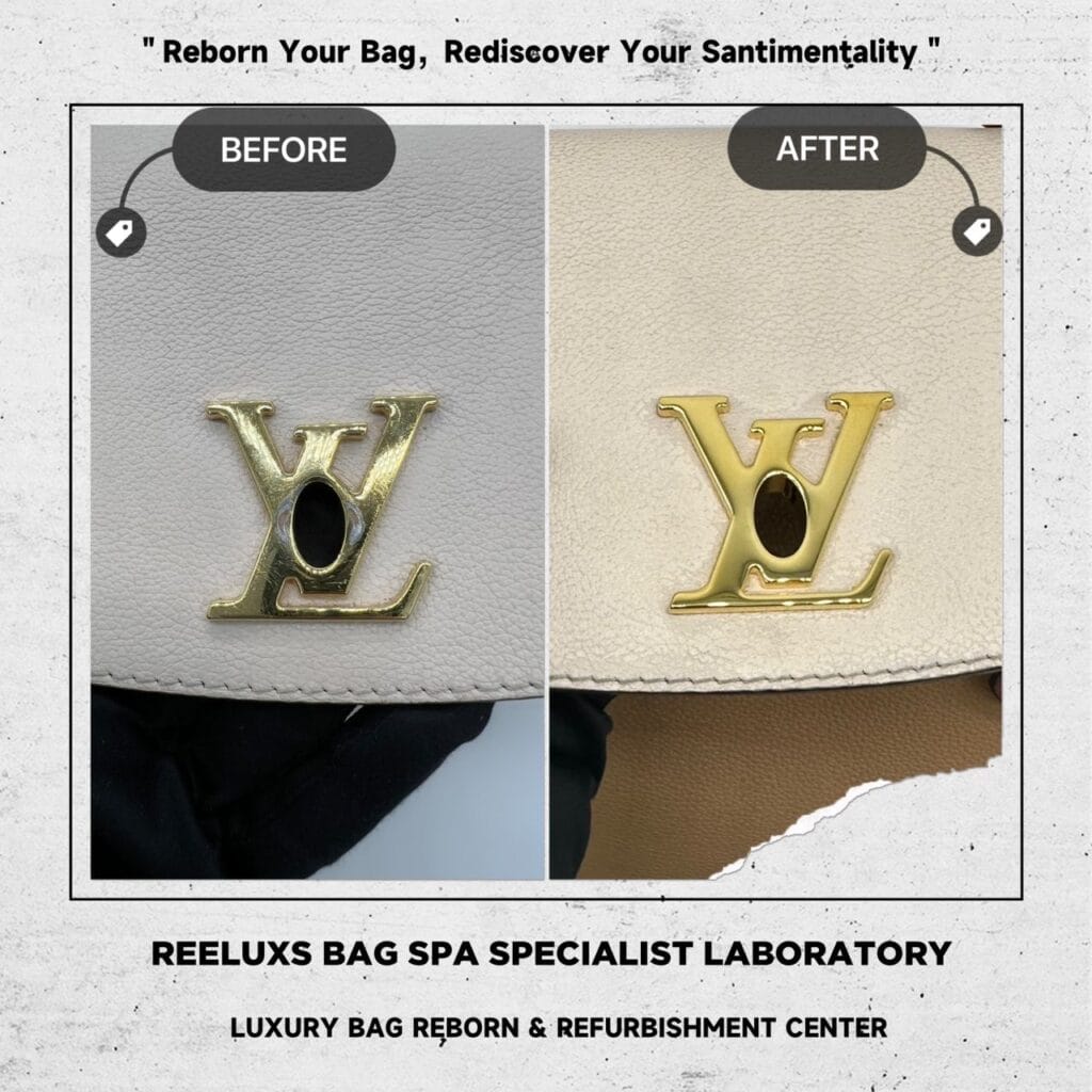 LOUIS VUITTTON Lockme Ever BB Bag Corner Damaged Logo Scratch & Tarnish Oxidation 24K Gold Re-plating — frame 5