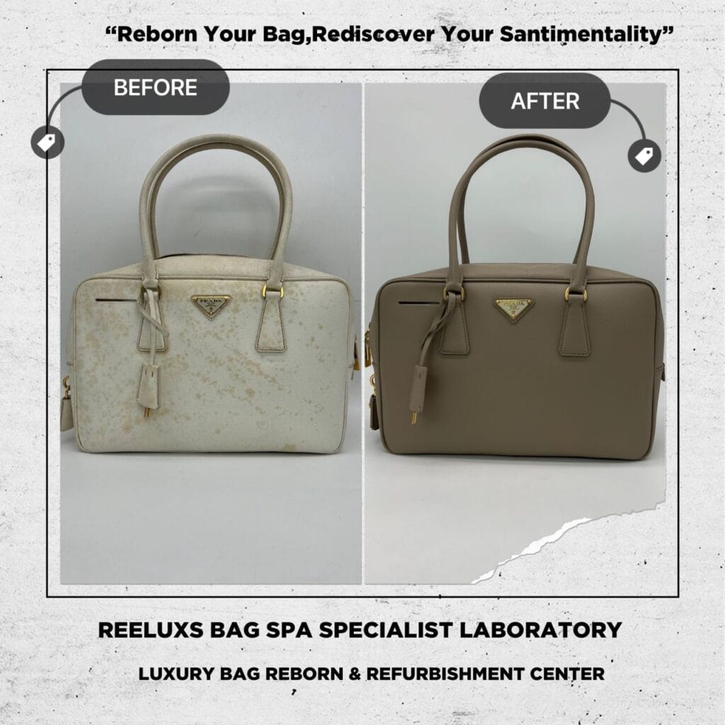 Prada Bauletto Saffiano White Color Handbag Chemical Damaged Problem Changed To Khaki Color Refurbishment