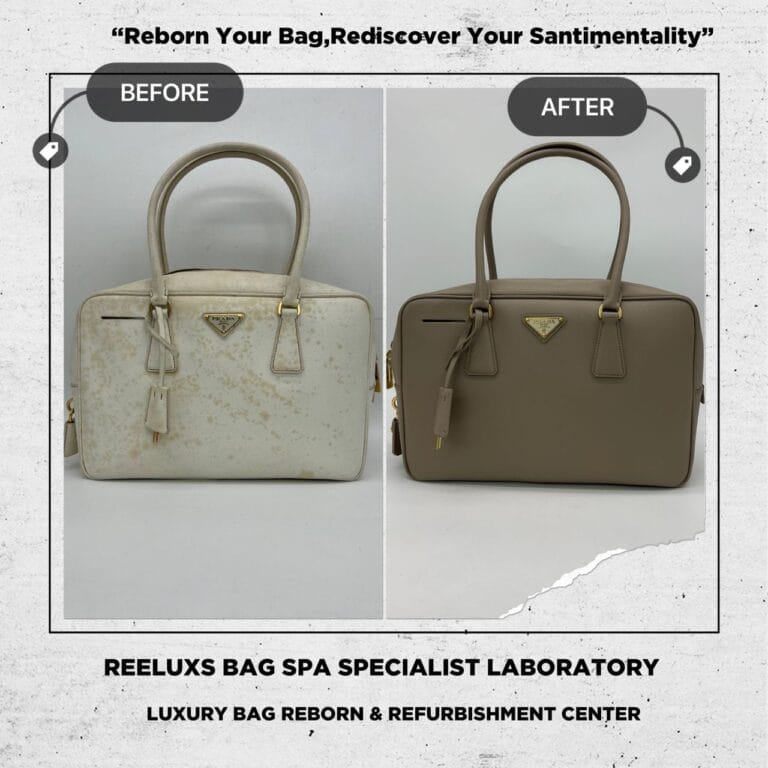 PRADA Bauletto Saffiano White Color Handbag Chemical Damaged Problem Changed To Khaki Color Refurbishment