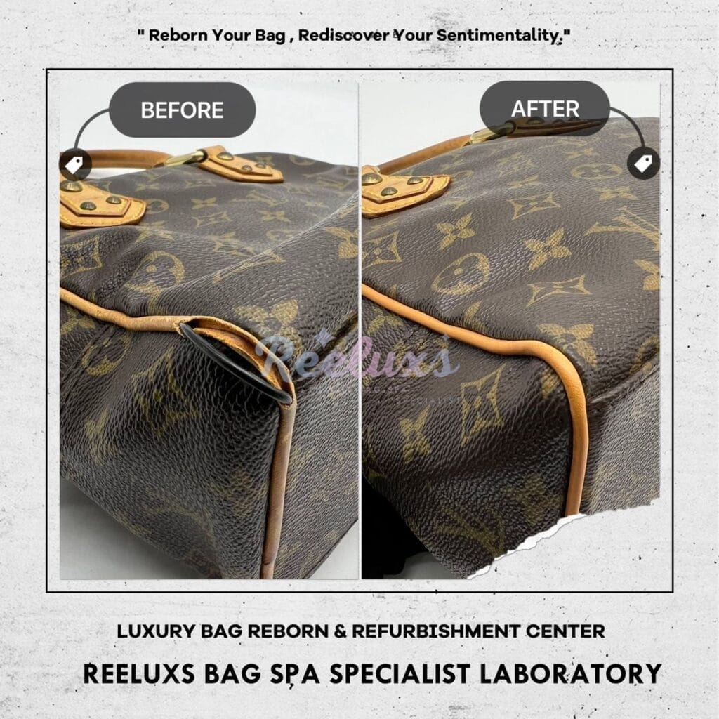 Manhattan PM Monogram Canvas Top Handle Bag Vachetta Pipping Cracked Tear Off — frame 3