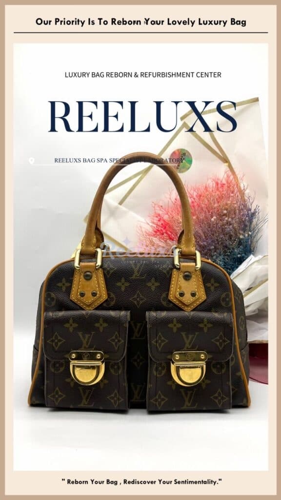 Manhattan PM Monogram Canvas Top Handle Bag Vachetta Pipping Cracked Tear Off — frame 10